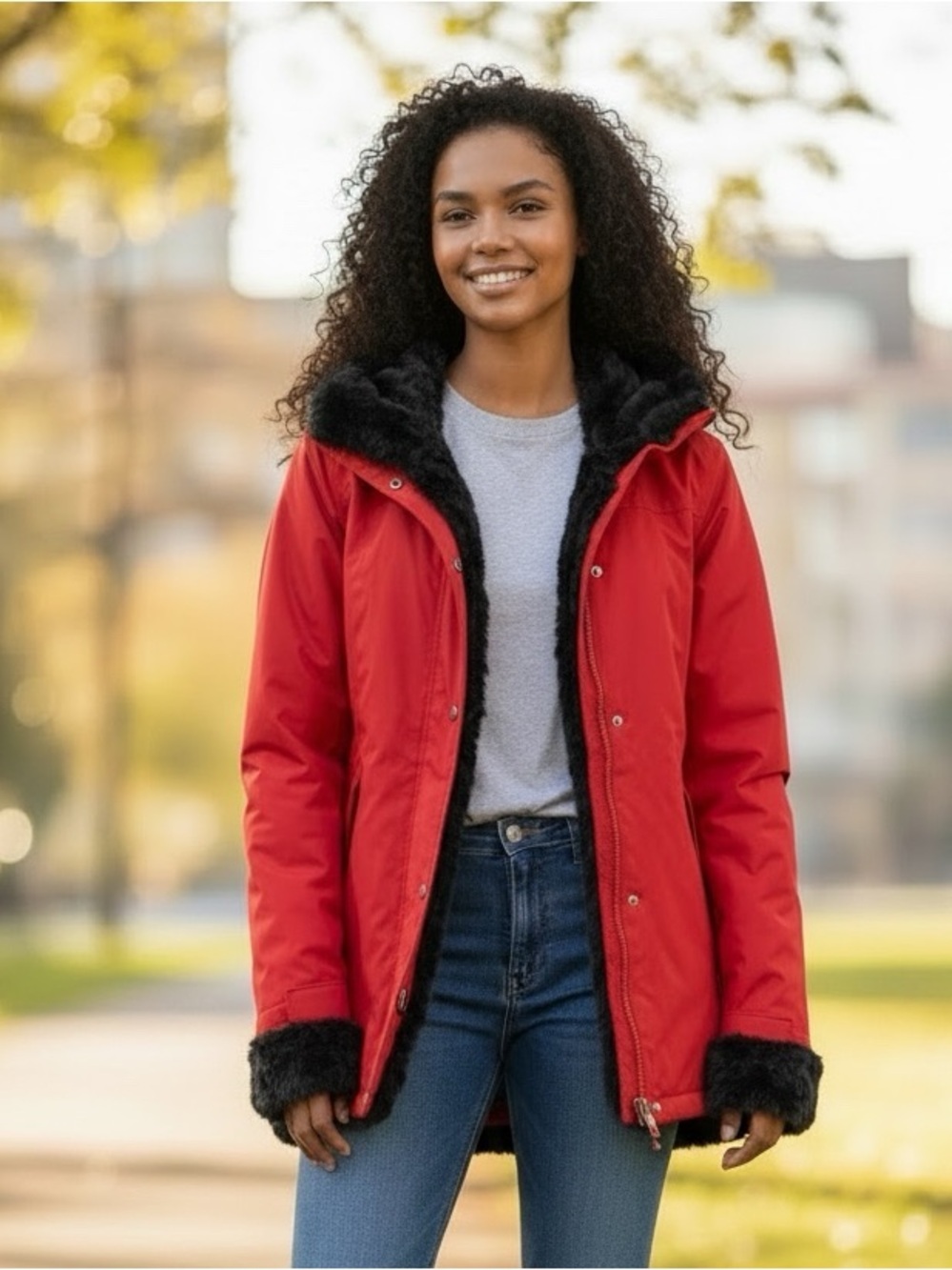 Women’s Red/Black Hooded Reversible Waterproof Anorak Jacket M